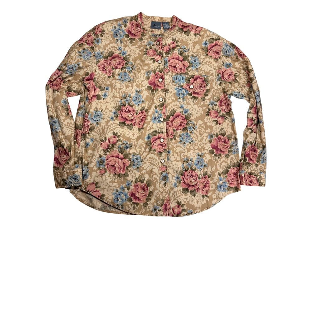 Vintage Lizwear Floral Shirt Womens L 100% Cotton Cottagecore 90s Button Front